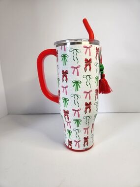 Holiday Bow Pattern Insulated Travel Mega Mug w/ Red Handle And Charm 30 Ounces